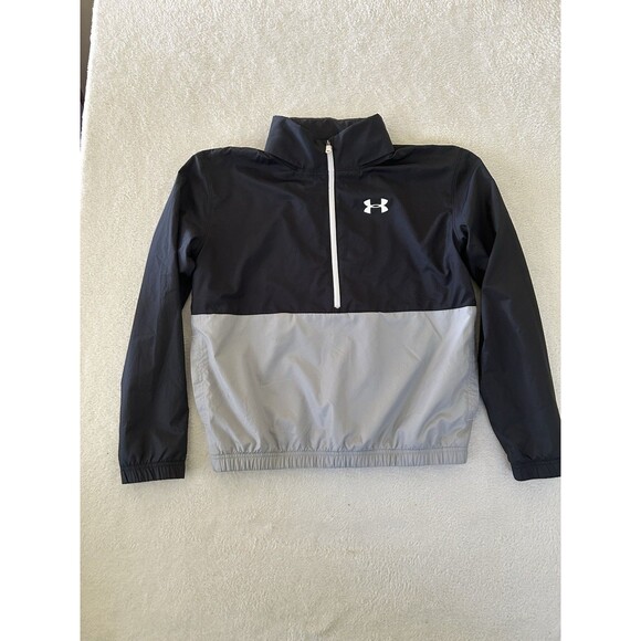 Boys Under Armour Quarter Zip Pullover Jacket  Nylon Black/Grey Hooded Size YXL - Picture 1 of 6
